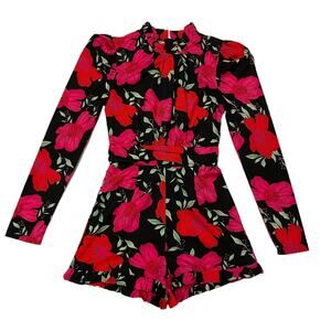 PRETTYLITTLETHING High Neck Romper - Black Floral - 2